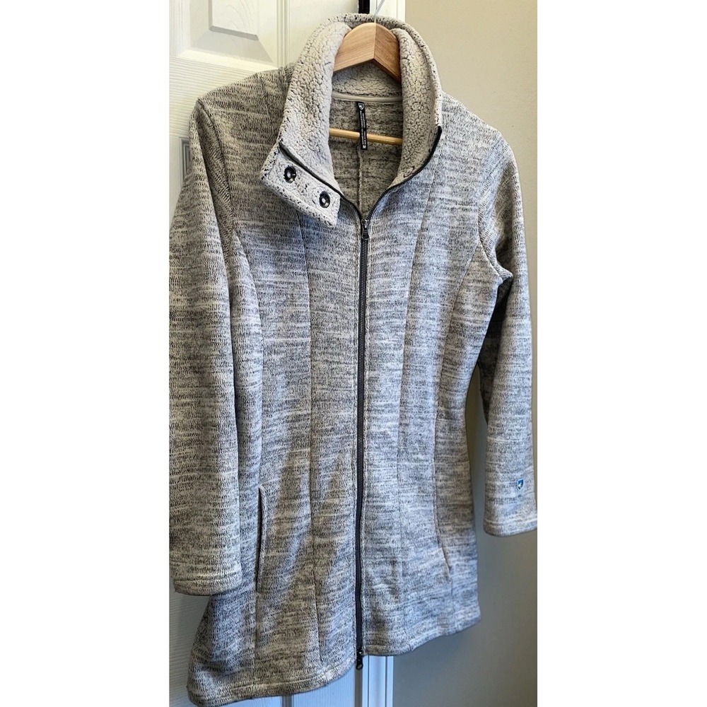 KUHL Alaska Long Sweater Jacket Women's M Gray Full Zip High Neck Pockets Knit